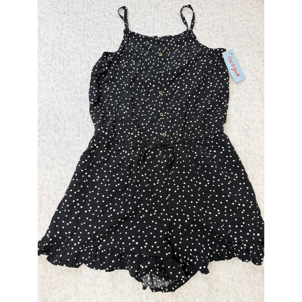 Cat & Jack Girls Black Polka Dot Romper XL 14 Ruffle Hem Button Front Cami NWT